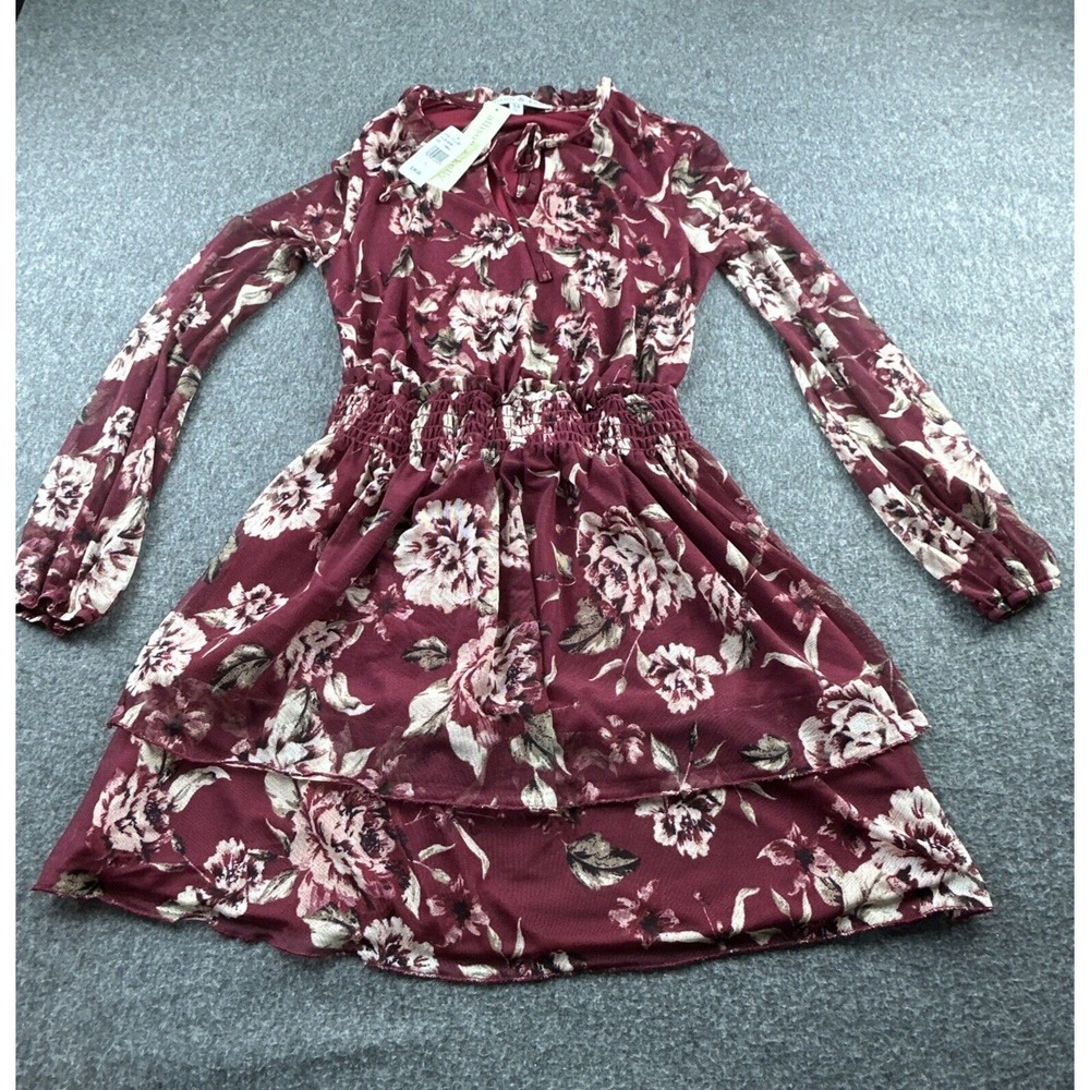Allison & Kelly Dress Women XS Red Floral Mesh Long Sleeve Smocked Waist Tiered